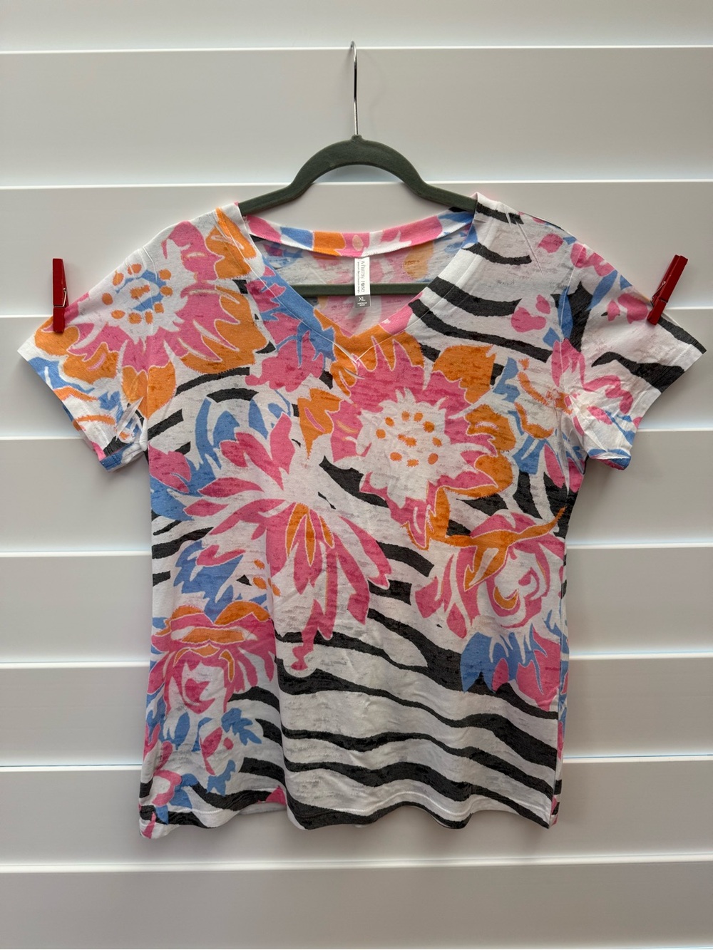 Whimsy Rose Floral Zebra Print V-Neck Women's Top - Pink, Orange & Blue